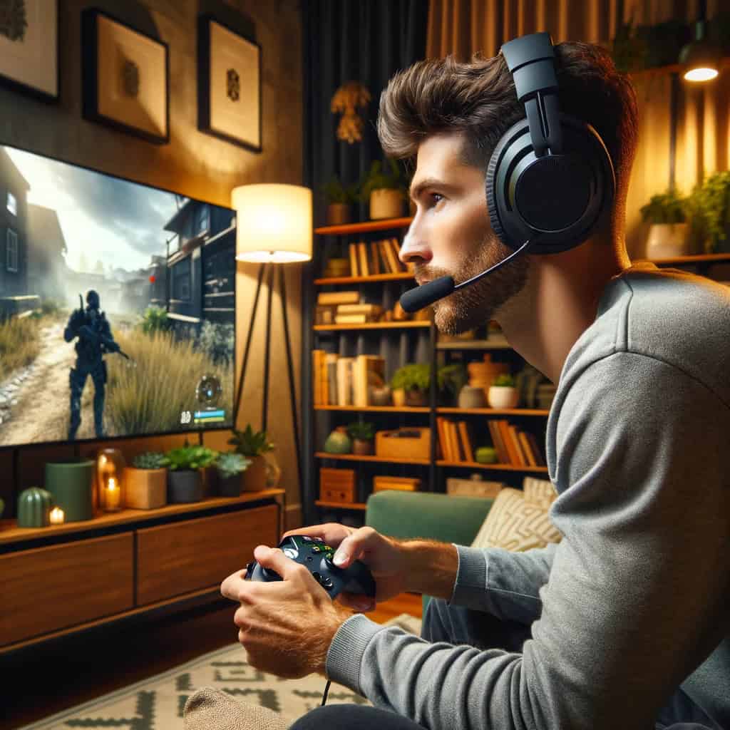słuchawki z mikrofonem do xbox one na głowie gracza skupionego na ekranie z grą