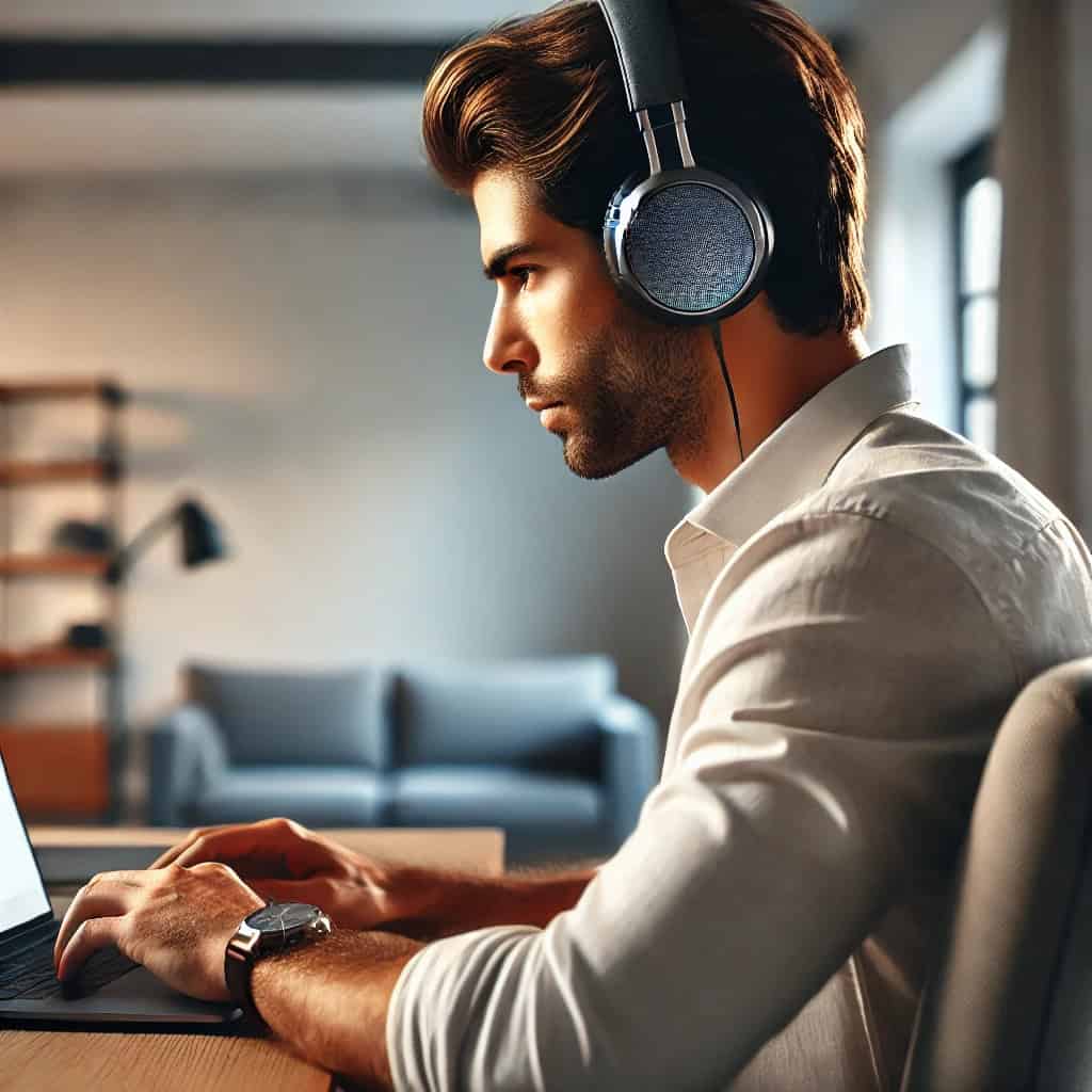 słuchawki z wejściem typu na uszach mężczyzny przy laptopie