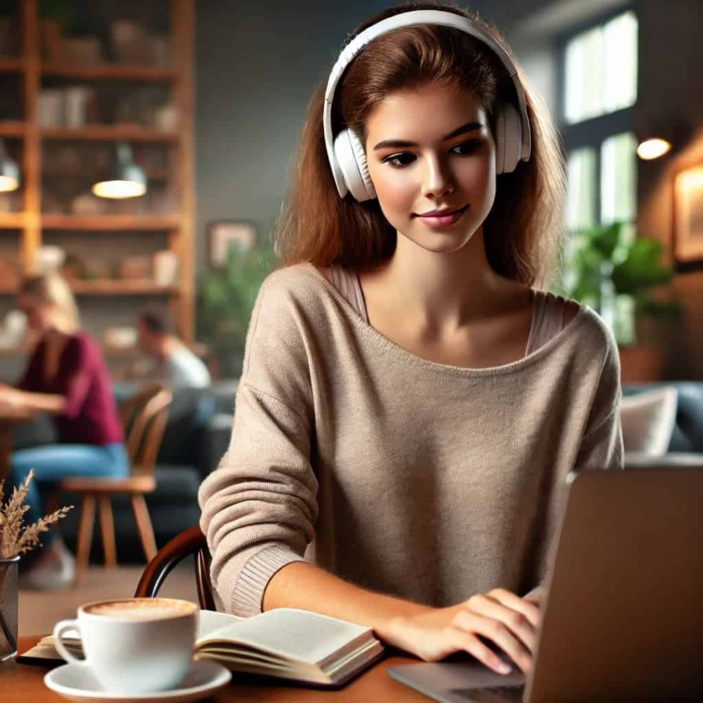słuchawki za 100 zł na uszach kobiety pracującej w kawiarni na laptopie