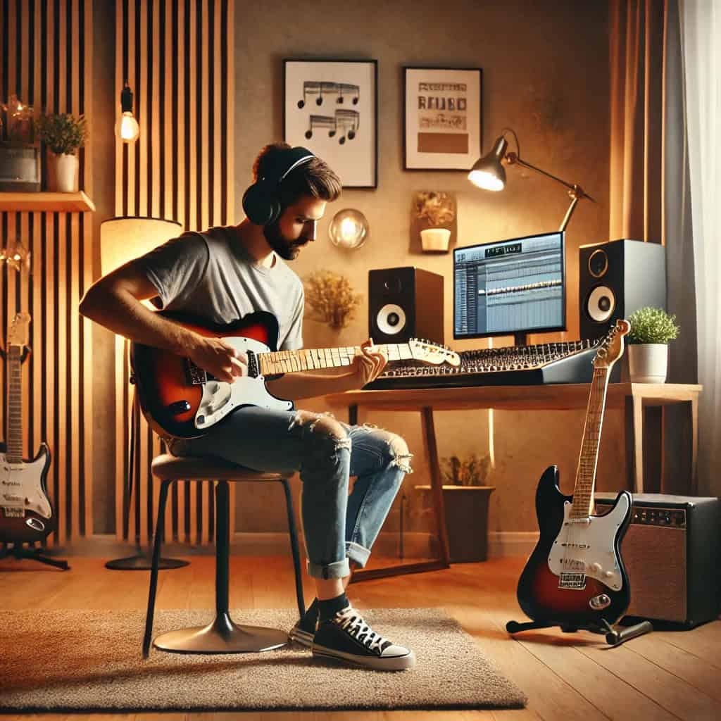 słuchawki zamknięte do gitary elektrycznej na głowie mężczyzny w domowym studio