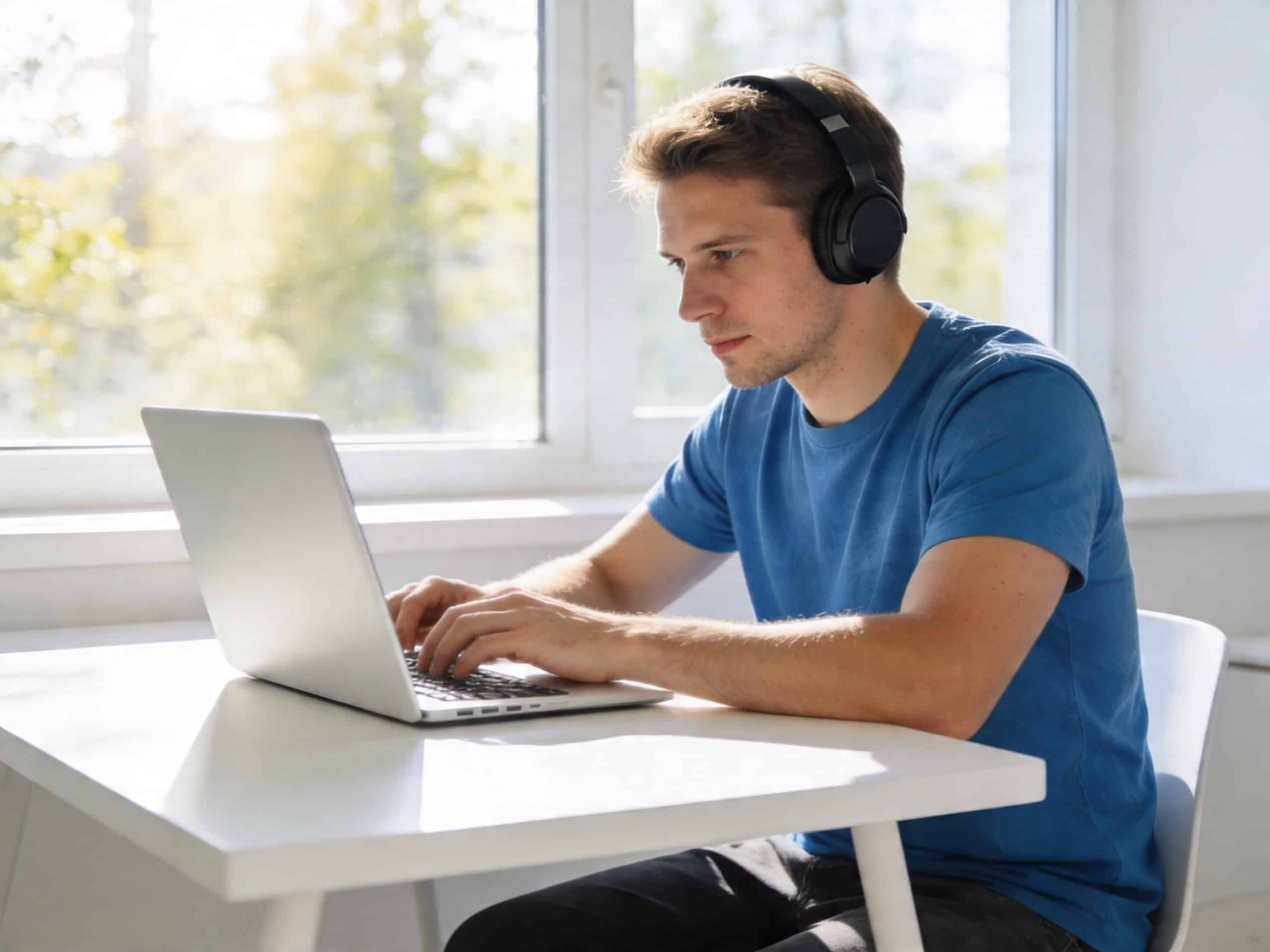 Praca przy laptopie w słuchawkach zamkniętych