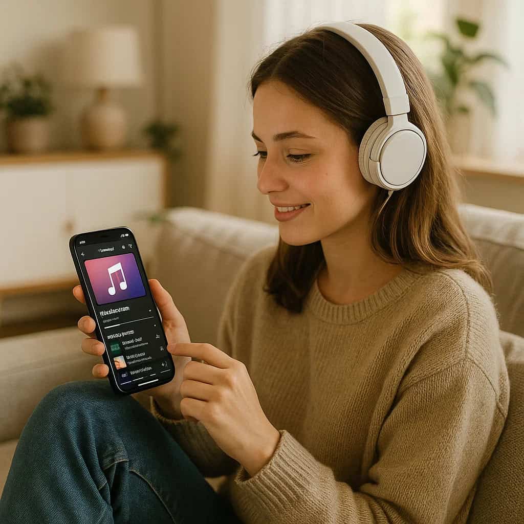 streaming muzyki za darmo - Kobieta siedząca na kanapie ze słuchawkami bezprzewodowymi, przegląda aplikację muzyczną na smartfonie.