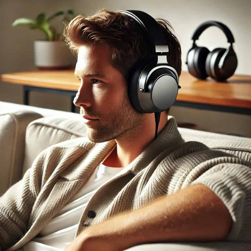 top słuchawki audiofilskie na uszach mężczyzny na sofie