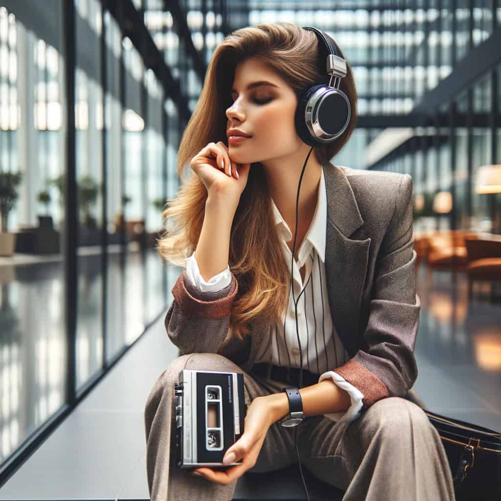 walkman słuchawki noszone przez kobietę siedzącą w holu