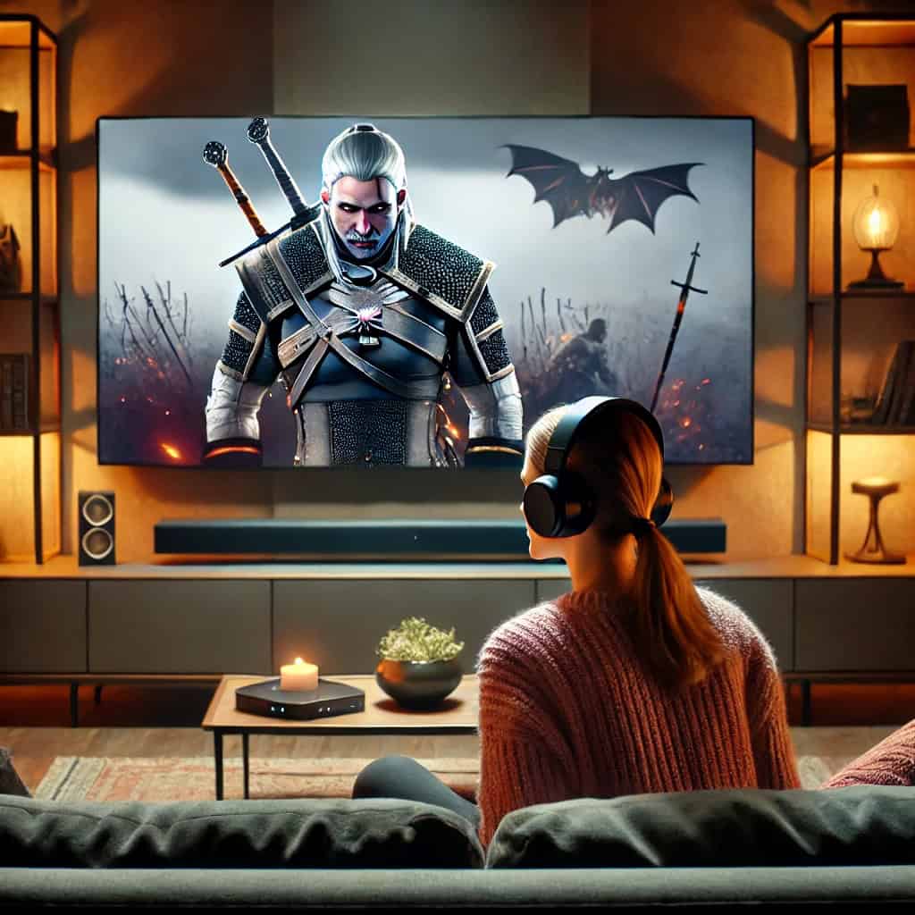wygodne słuchawki do kina domowego na głowie kobiety, która siedzi na sofie oglądając film fantasy