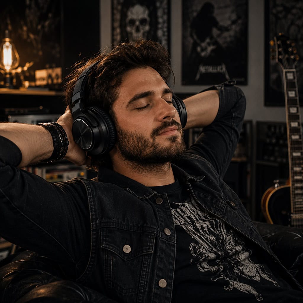 wygodne słuchawki do rocka na uszach mężczyzny słuchającego muzyki na sofie