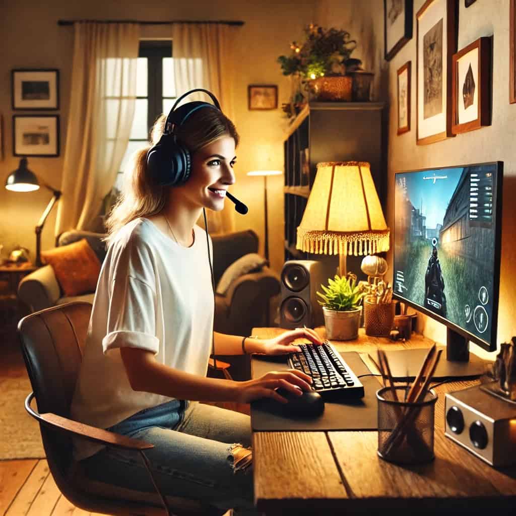 wygodne słuchawki gamingowe do 500 zł na głowie kobiety grające w grę na PC