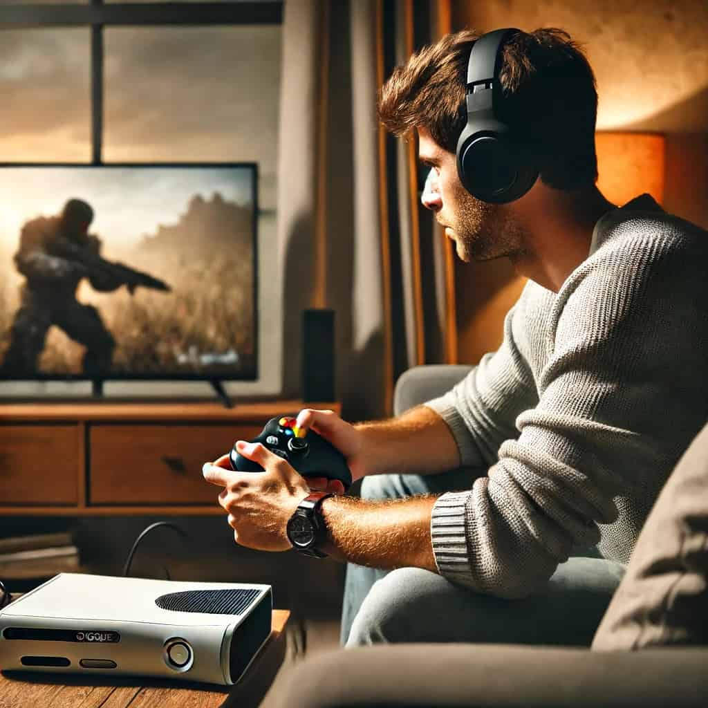 xbox 360 słuchawki na głowie gracza, który patrzy na telewizor z grą