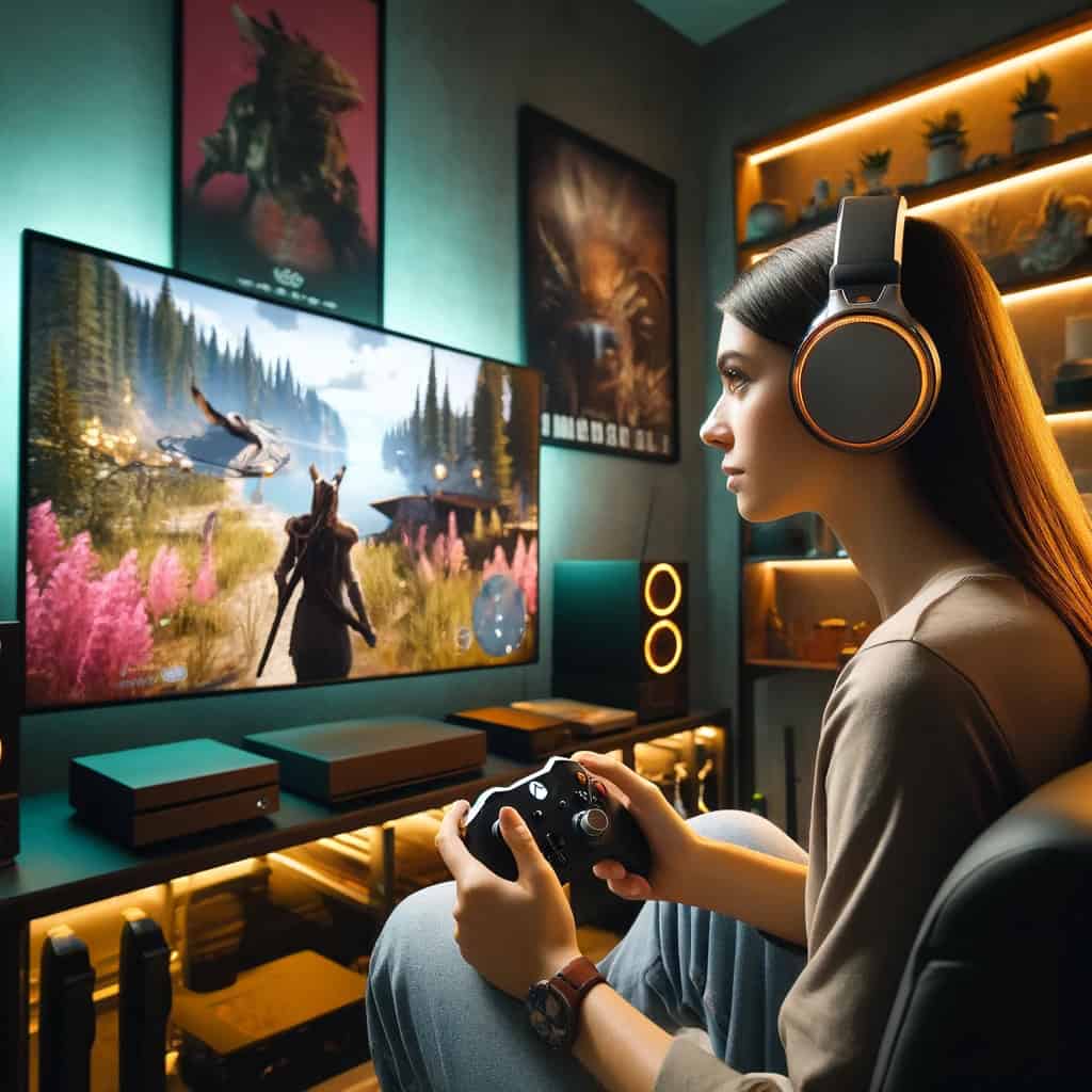 xbox series x słuchawki na uszach kobiet z padem w ręku skupionej na ekranie z grą