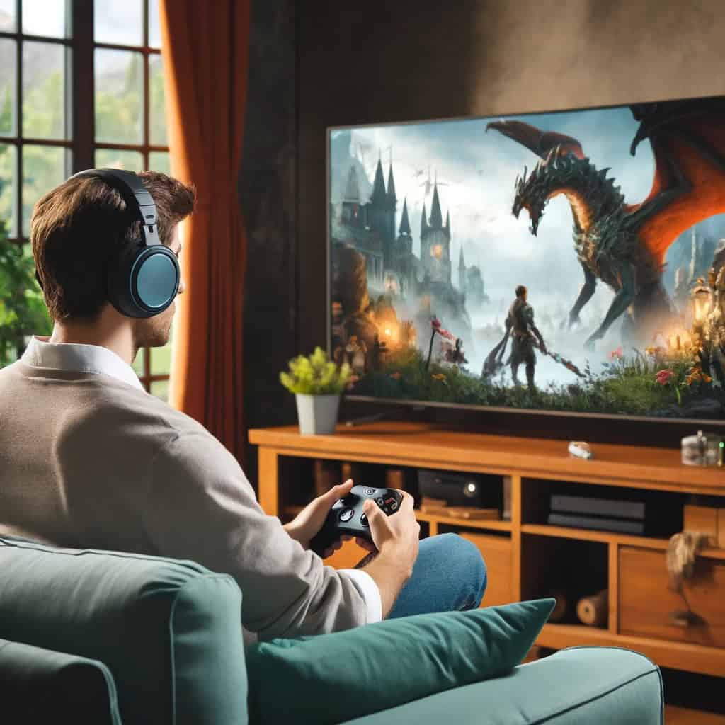 xbox słuchawki na głowie mężczyzny, który siedzi na fotelu i gra w grę