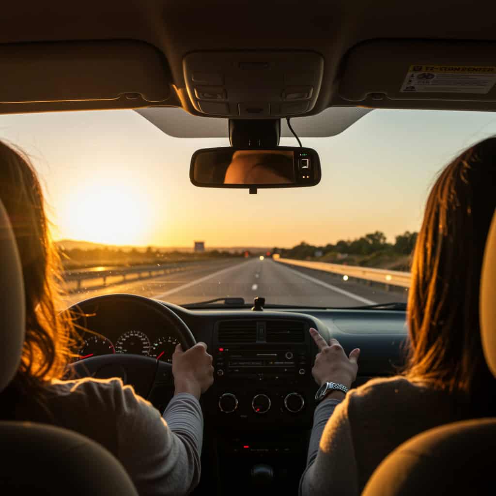 zestaw głośnomówiący do samochodu Bluetooth - 2 kobiety jadą autostradą, urządzenia zamontowane nad lusterkiem